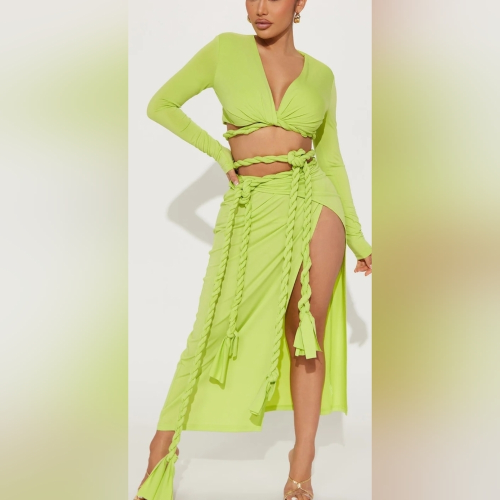 Fashion Nova Neon Green Maxi Skirt/Top Set
